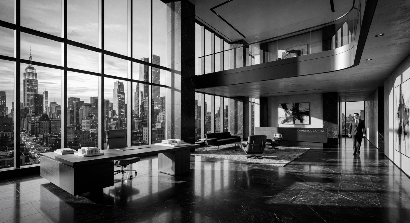 A modern office interior with marble surfaces and floor-to-ceiling windows overlooking a city at sunset.